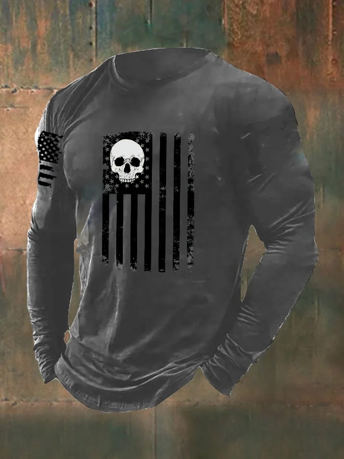 Men's Skull  American Flag  Pattern Long Sleeve T-Shirt