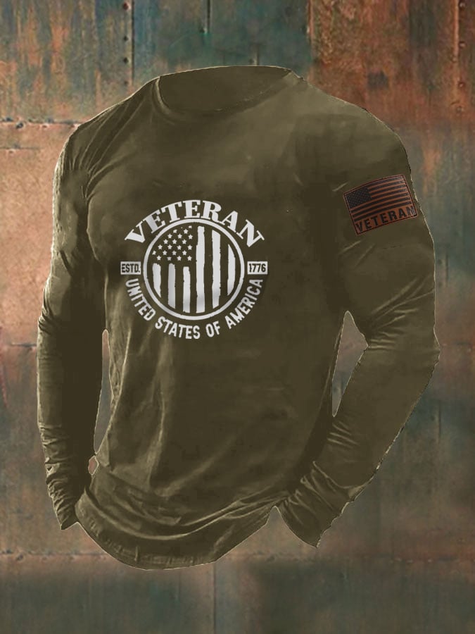 Men's Veteran Flag Printed Casual Long Sleeve T-Shirt