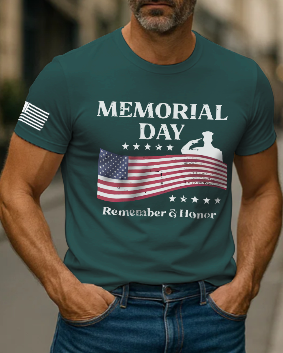 Men's Vintage Memorial Day Remember Honor Patriot American Flag Short Sleeve T-Shirt