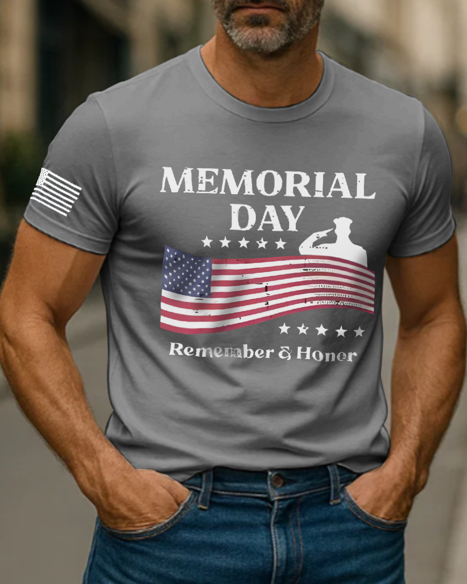 Men's Vintage Memorial Day Remember Honor Patriot American Flag Short Sleeve T-Shirt