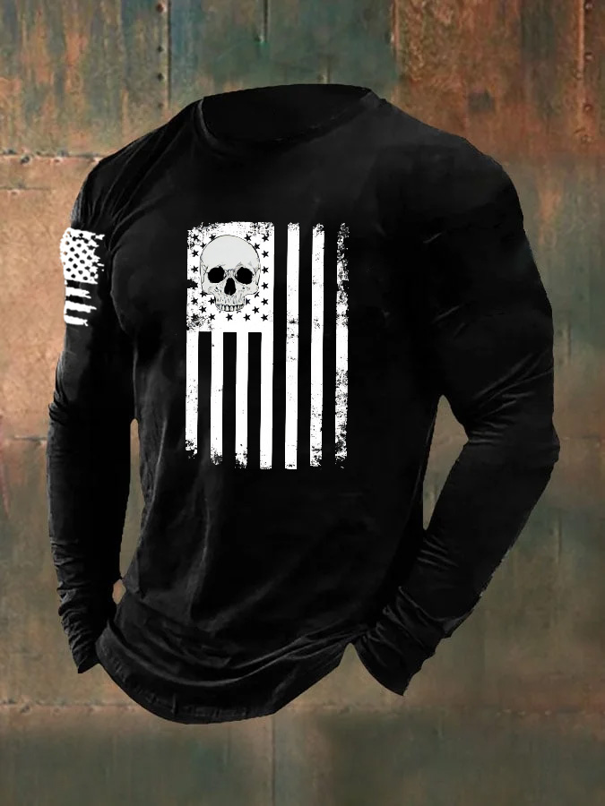 Men's Skull  American Flag  Pattern Long Sleeve T-Shirt