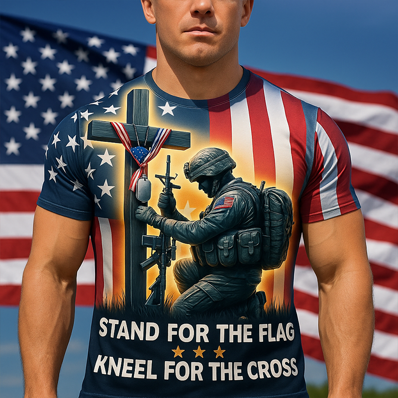 Stand For The Kneel For The Cross Flag Print T-Shirt