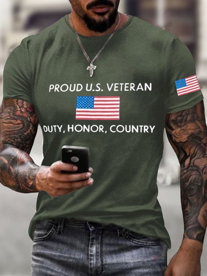 Men's Veteran's Flag Proud U.S. Veteran Duty, Honor, Country Print Short Sleeve T-shirt