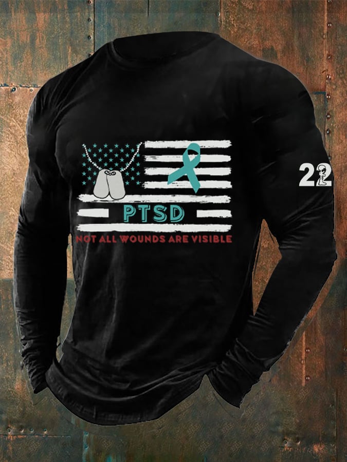 Men's Veteran PTSD Awareness Printed Long Sleeve Top