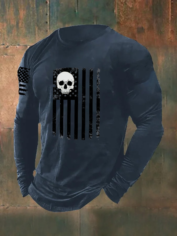 Men's Skull  American Flag  Pattern Long Sleeve T-Shirt
