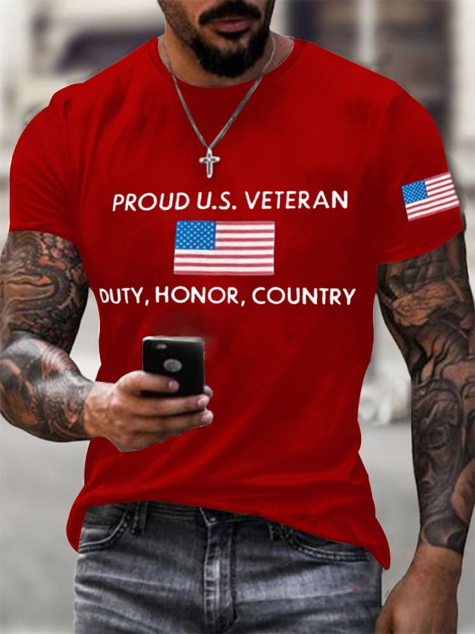 Men's Veteran's Flag Proud U.S. Veteran Duty, Honor, Country Print Short Sleeve T-shirt