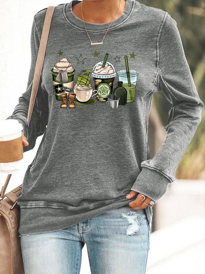 Women's Veteran Print Casual Long Sleeve Sweater