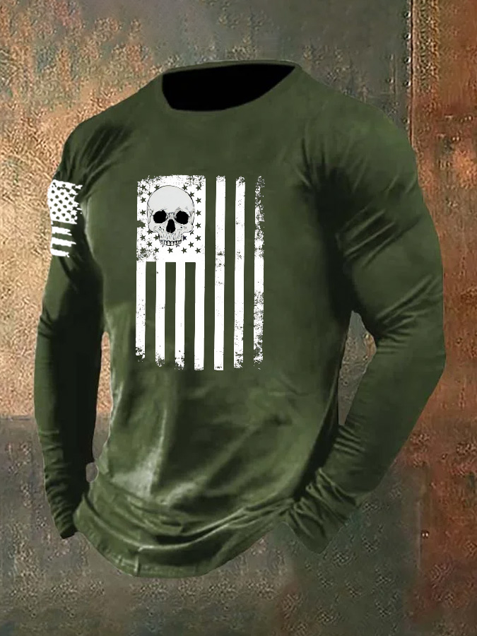 Men's Skull  American Flag  Pattern Long Sleeve T-Shirt