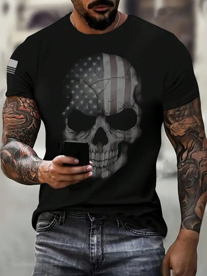 Skull USA  Pattern 100% Cotton T-Shirt