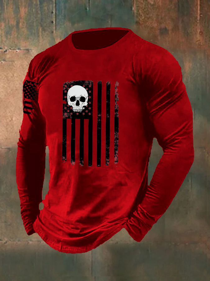 Men's Skull  American Flag  Pattern Long Sleeve T-Shirt