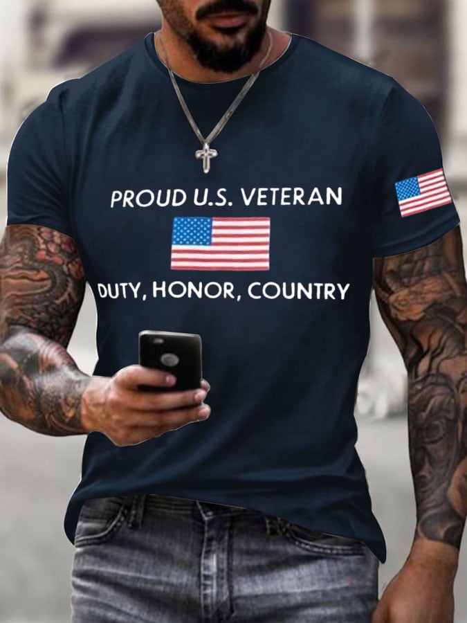 Men's Veteran's Flag Proud U.S. Veteran Duty, Honor, Country Print Short Sleeve T-shirt