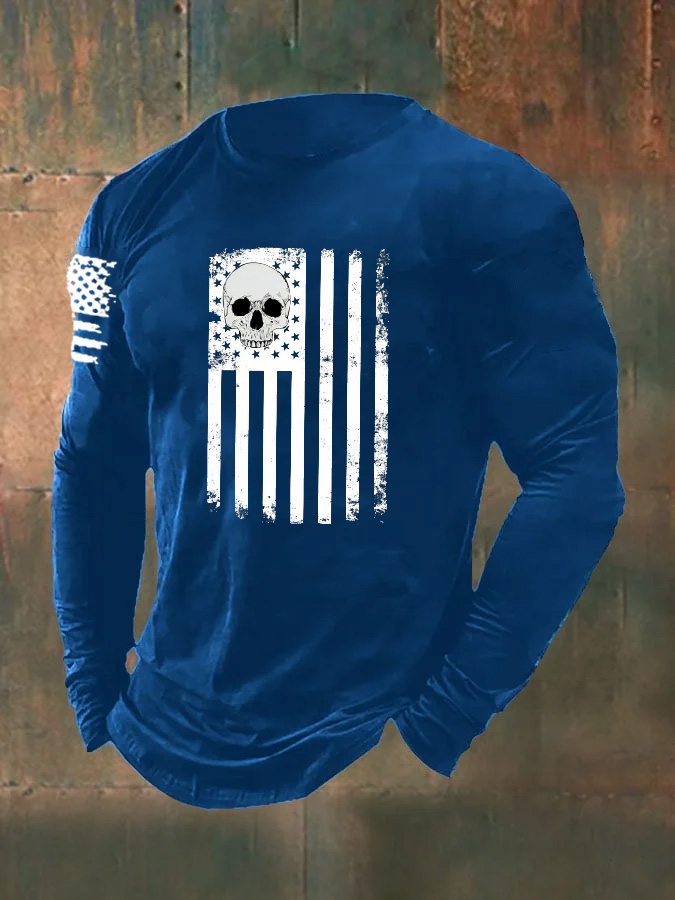 Men's Skull  American Flag  Pattern Long Sleeve T-Shirt
