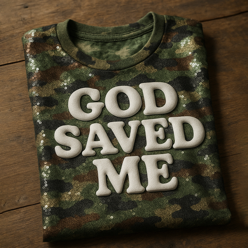 God Saved Me Printed Camouflage Short Sleeve T-Shirt