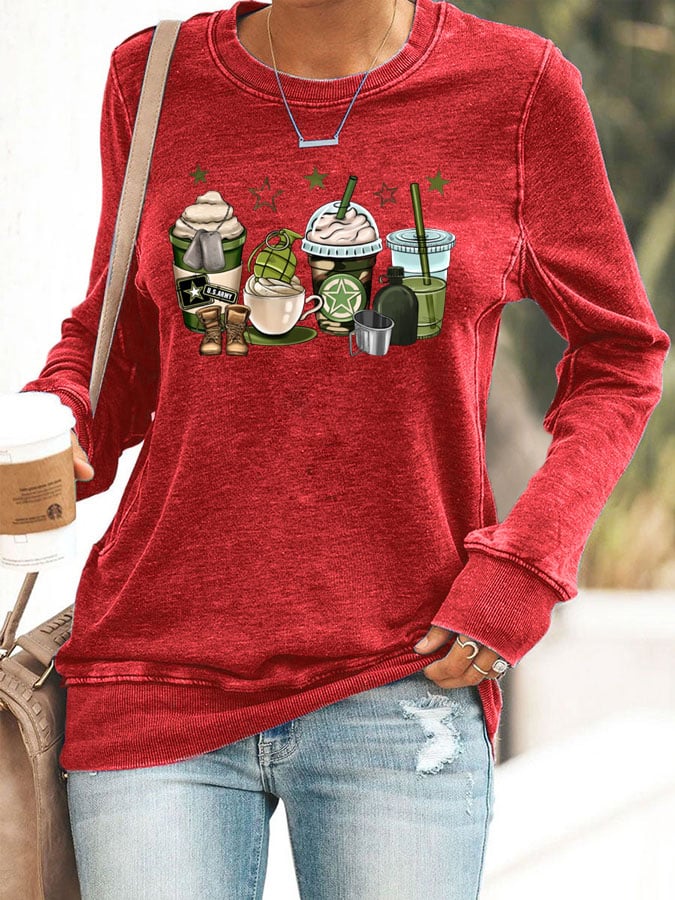 Women's Veteran Print Casual Long Sleeve Sweater