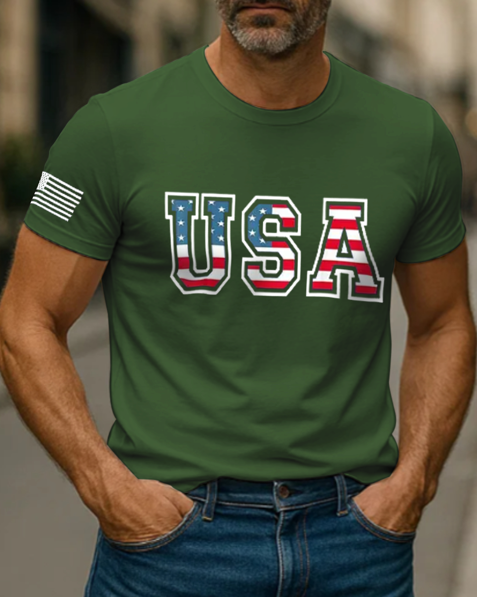 Men's Vintage USA 4th Of July Independence Day American Flag Patriotic Henley Collar Short Sleeve T-Shirt