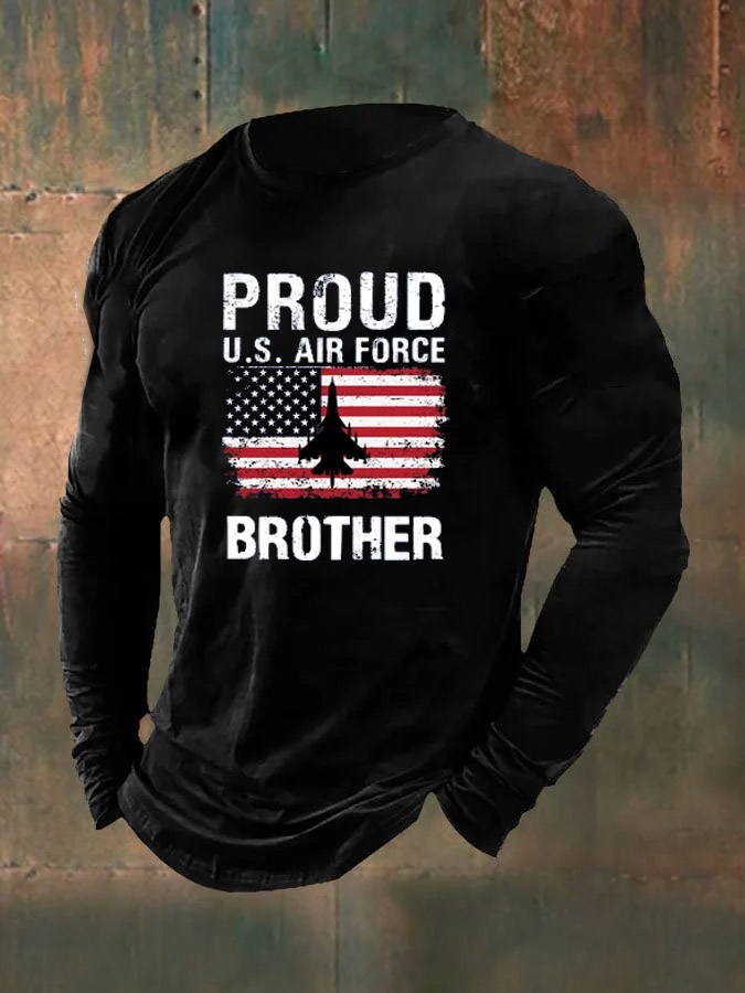 Men's American Flag Air Force Proud Brother Pattern Long Sleeve T-Shirt